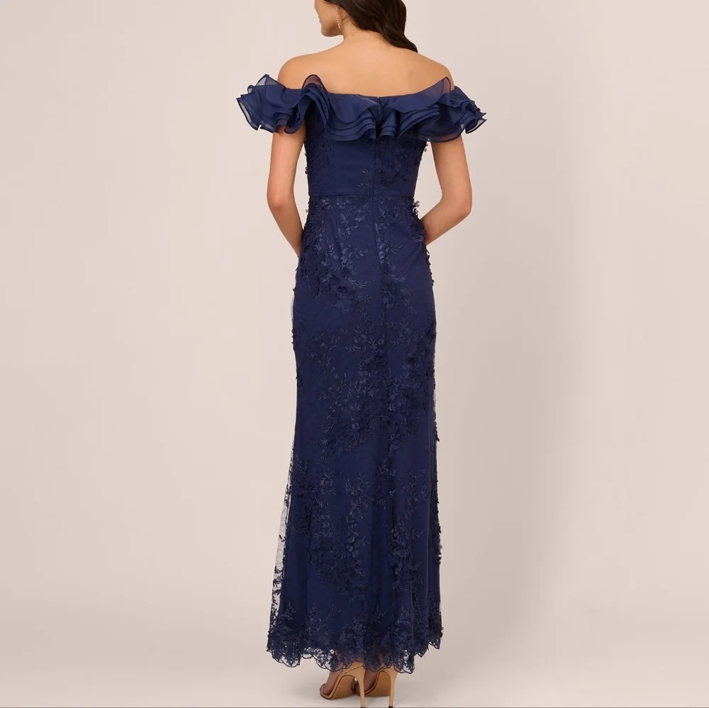 NWT Adrianna Papell Navy Blue Floral Ruffle Off The Shoulder Gown 4 - Picture 5 of 7